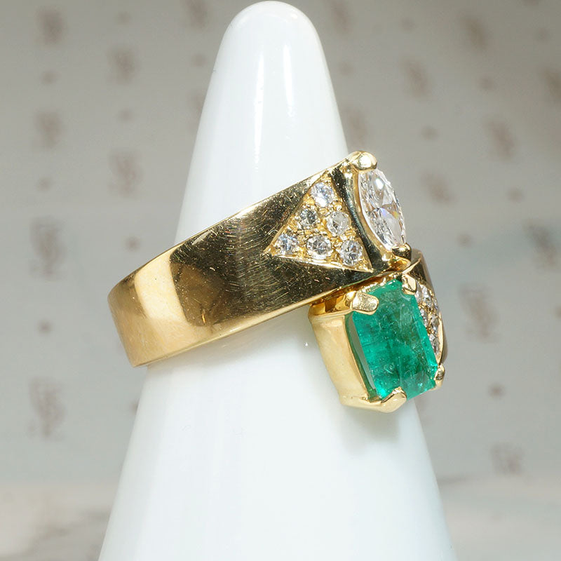 Marquise Diamond & Emerald 18k Gold Bypass Ring
