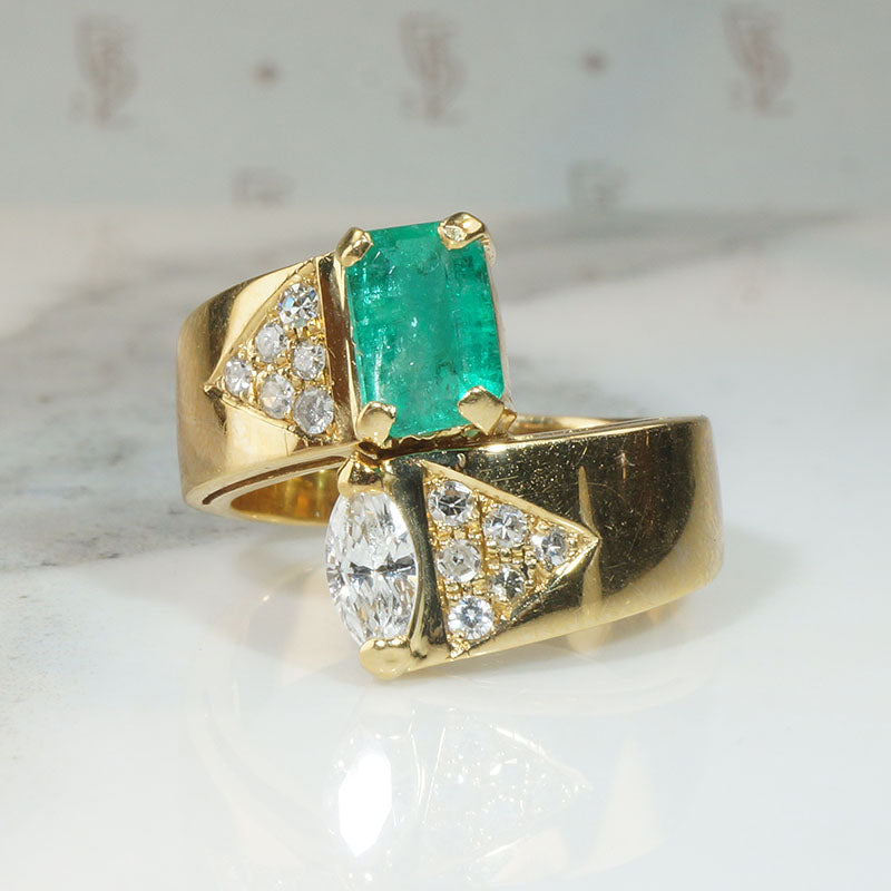 Marquise Diamond & Emerald 18k Gold Bypass Ring