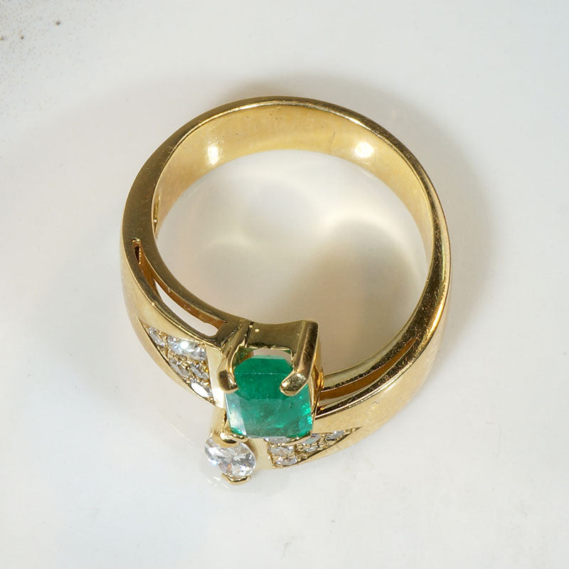 Marquise Diamond & Emerald 18k Gold Bypass Ring