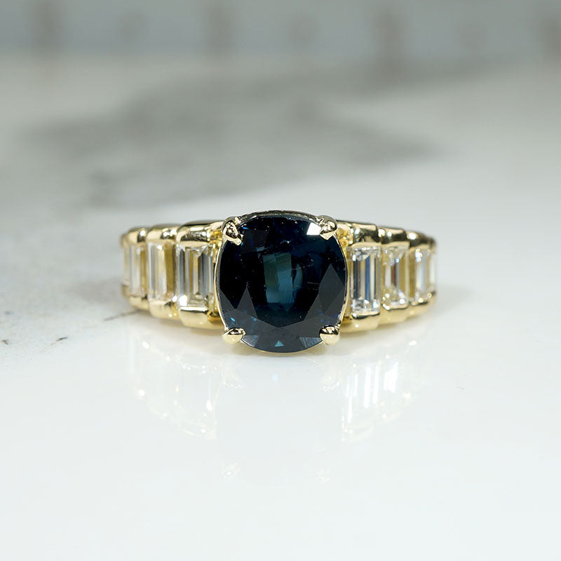 Cushion Cut Sapphire & Baguette Diamond Ring