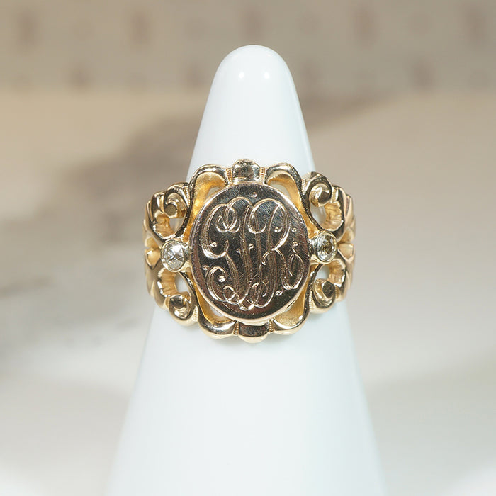 Elaborate Old Mine Cut Diamond-Set Edwardian Signet Ring