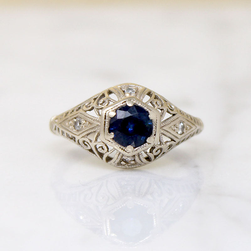 Sapphire & Diamonds in White Gold Filigree Engagement Ring