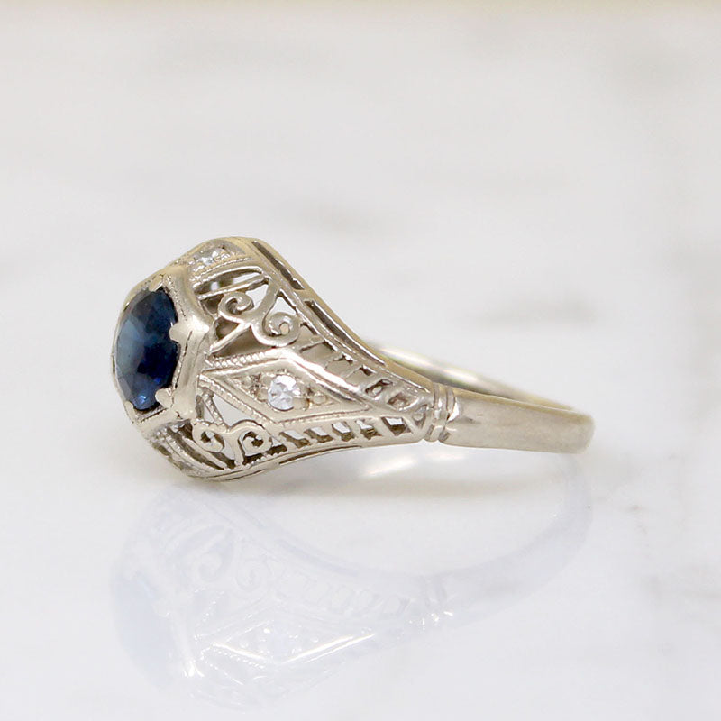 Sapphire & Diamonds in White Gold Filigree Engagement Ring