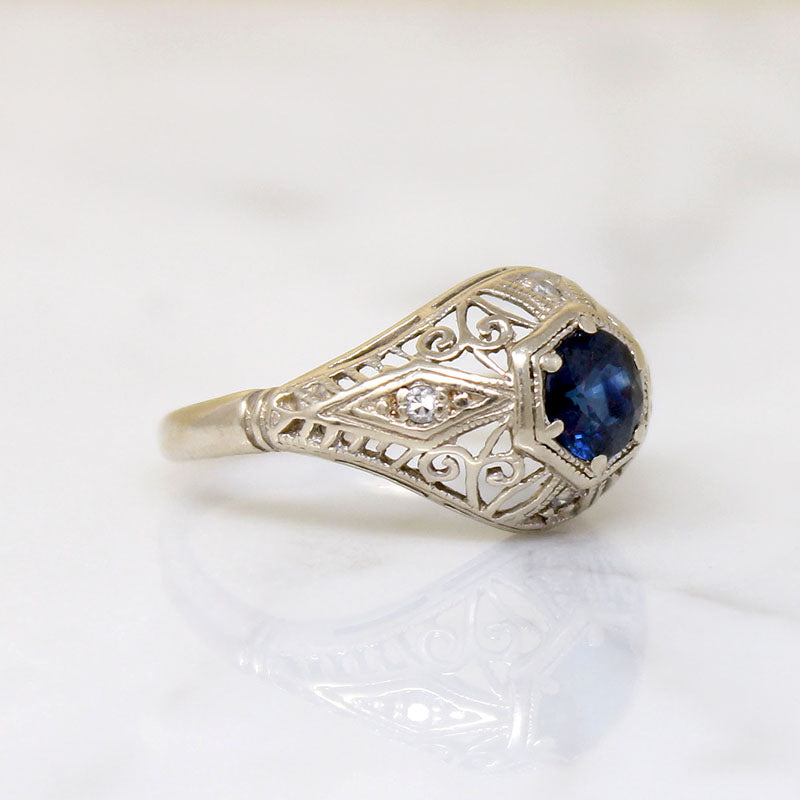 Sapphire & Diamonds in White Gold Filigree Engagement Ring