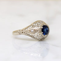 Sapphire & Diamonds in White Gold Filigree Engagement Ring