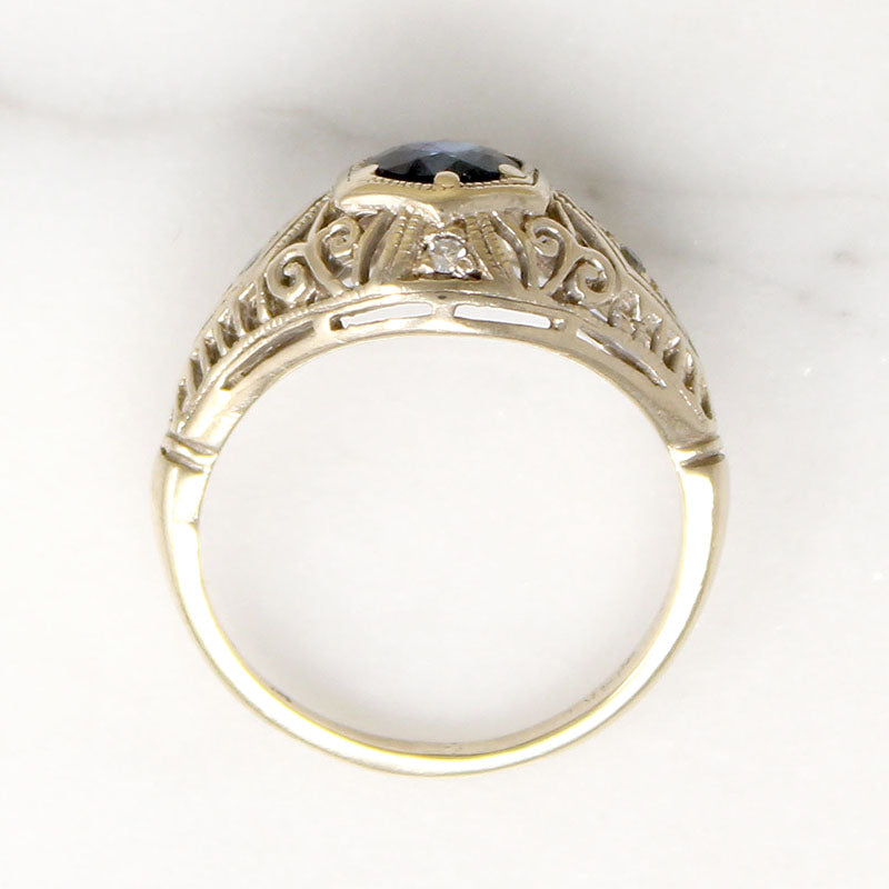 Sapphire & Diamonds in White Gold Filigree Engagement Ring