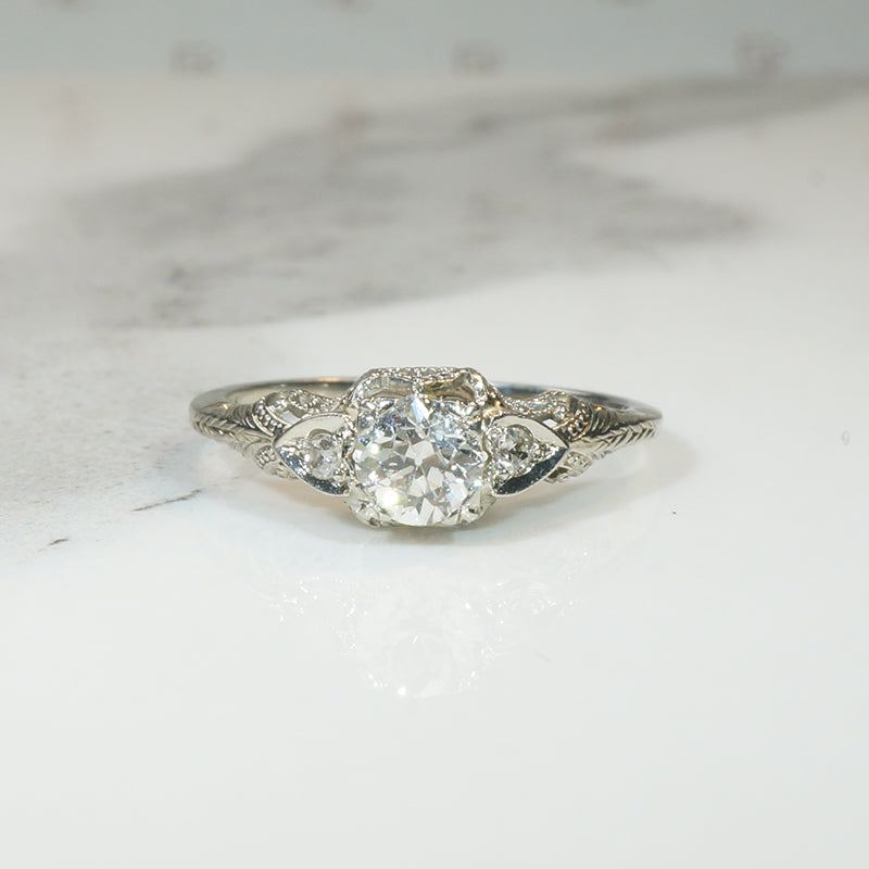 Hearts & Filigree Old European Cut Diamond Engagement Ring