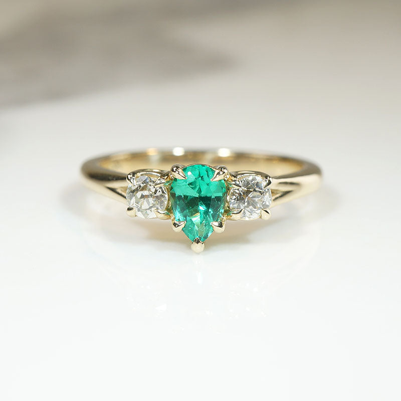 Pear-Cut Emerald & Old Mine Diamond Trilogy Ring