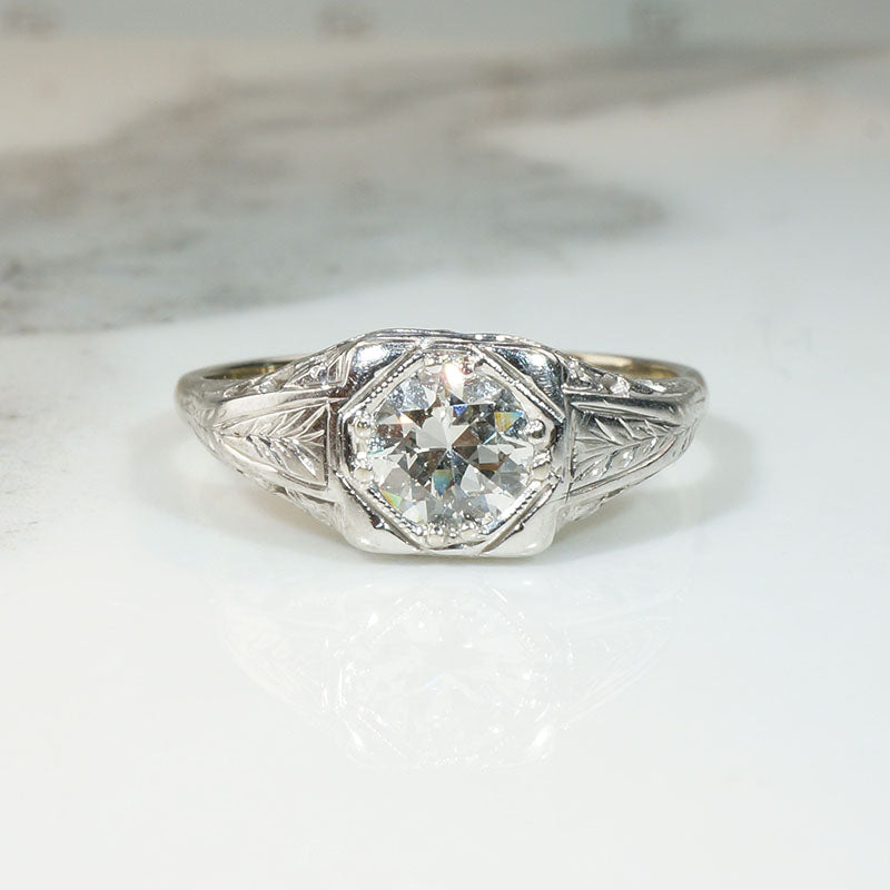 Engraved & Filigreed Art Deco Diamond Engagement Ring