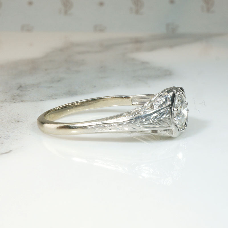 Engraved & Filigreed Art Deco Diamond Engagement Ring