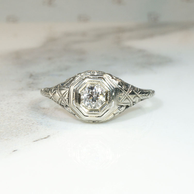 Flower Trellis Motif Deco Diamond Solitaire Ring