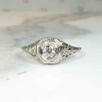 Flower Trellis Motif Deco Diamond Solitaire Ring