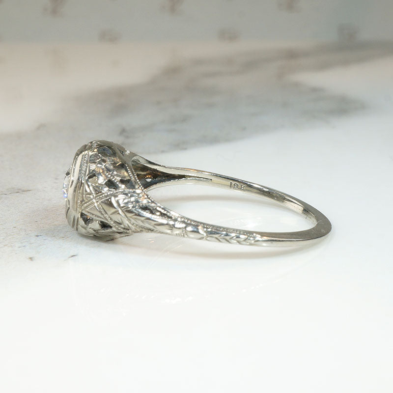 Flower Trellis Motif Deco Diamond Solitaire Ring