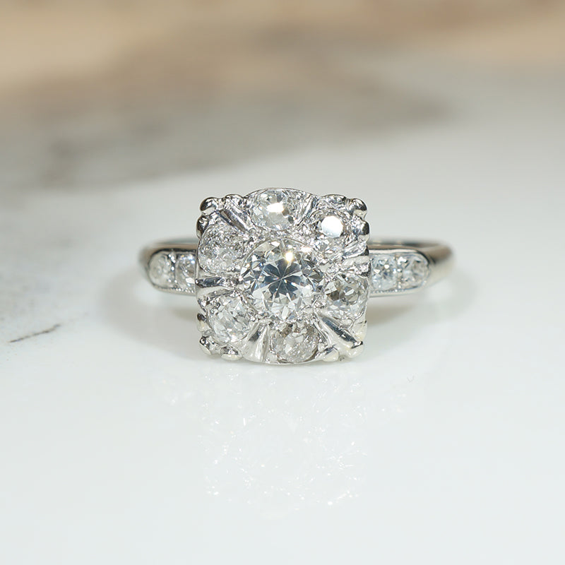 Antique Diamond Cluster in Platinum Engagement Ring