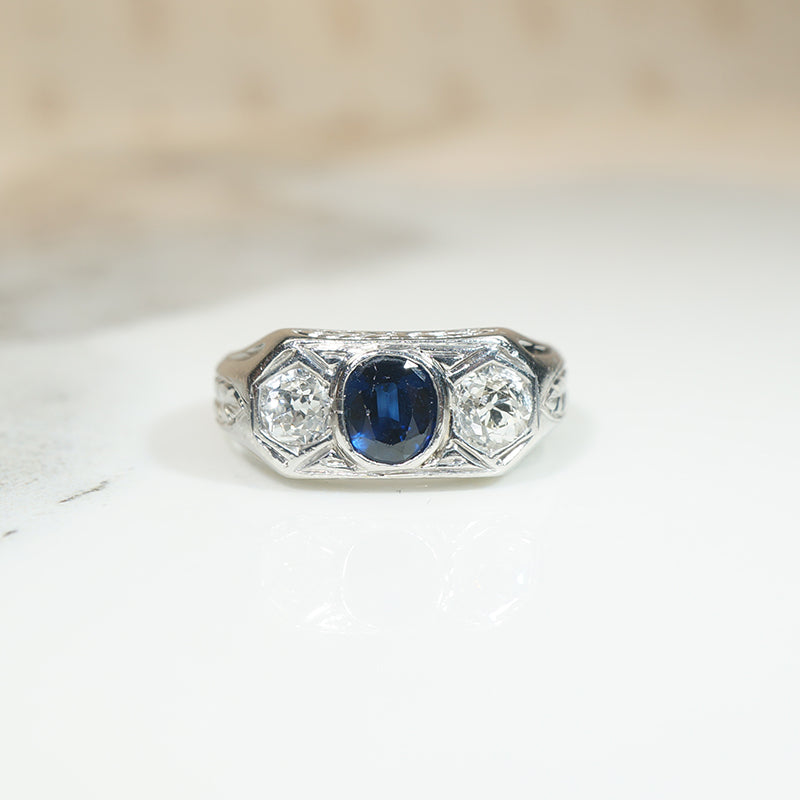 Remarkable Sapphire & Old Mine Cut Diamond Antique Engagement Ring