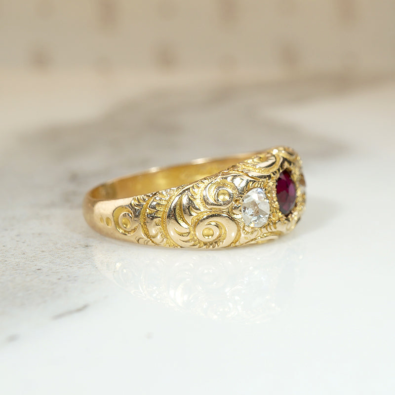 Scarlet Ruby & Sparkling Diamond Engraved Victorian Ring