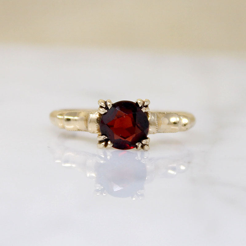 Rich Garnet in 1940s Gold Solitaire Ring