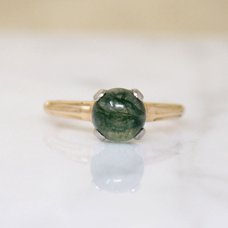 Moss Agate in Architectural Two-Tone Solitaire Ring
