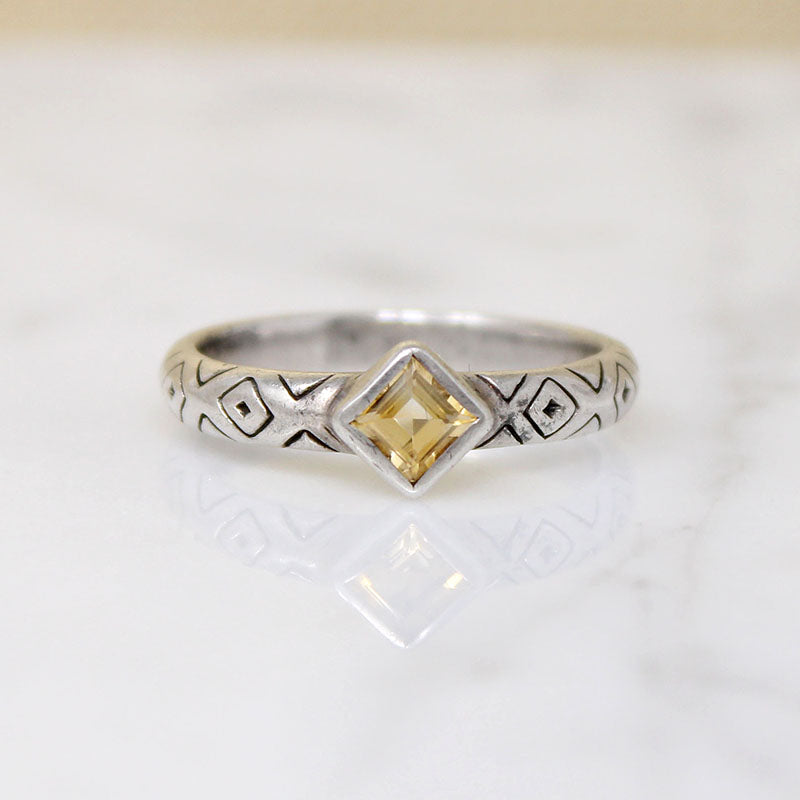 Citrine on Engraved Sterling Silver Band