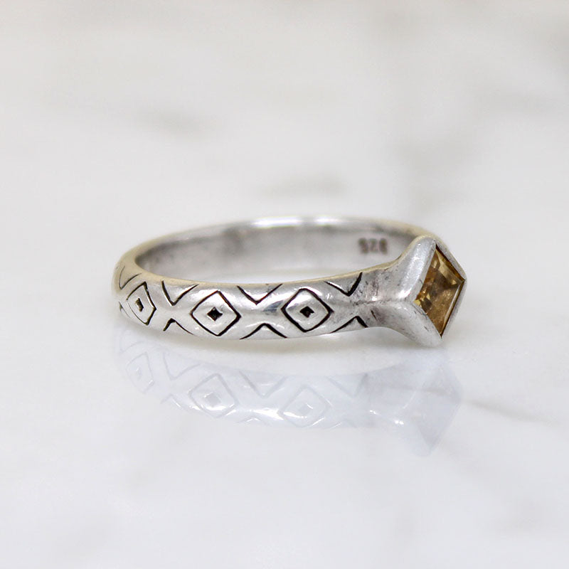 Citrine on Engraved Sterling Silver Band