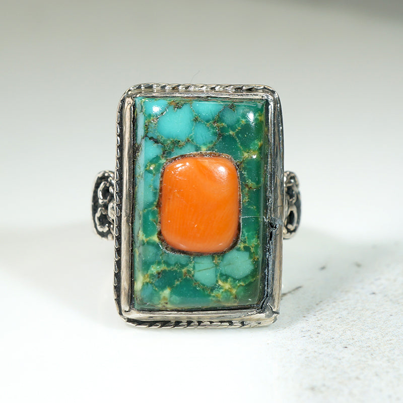 Tibetan Turquoise & Coral Sterling Silver Ring