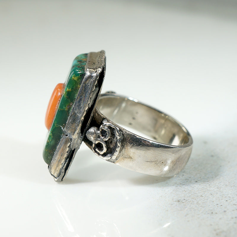 Tibetan Turquoise & Coral Sterling Silver Ring
