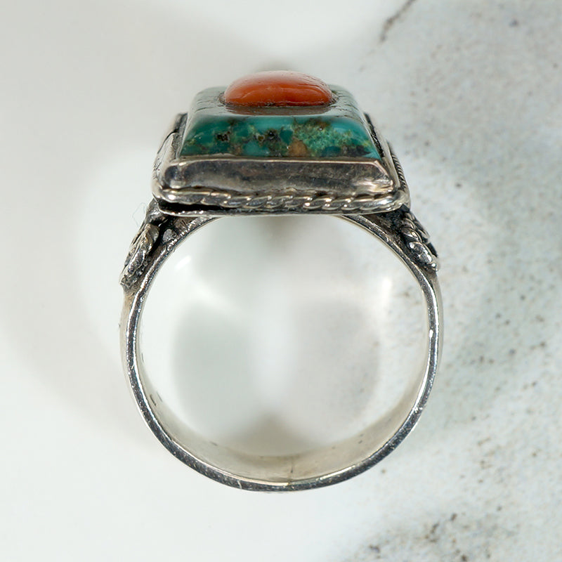 Tibetan Turquoise & Coral Sterling Silver Ring