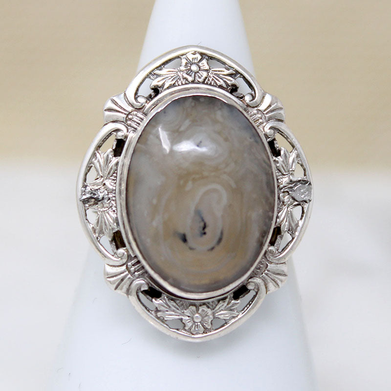 Misty Agate in Floral Sterling Silver Ring