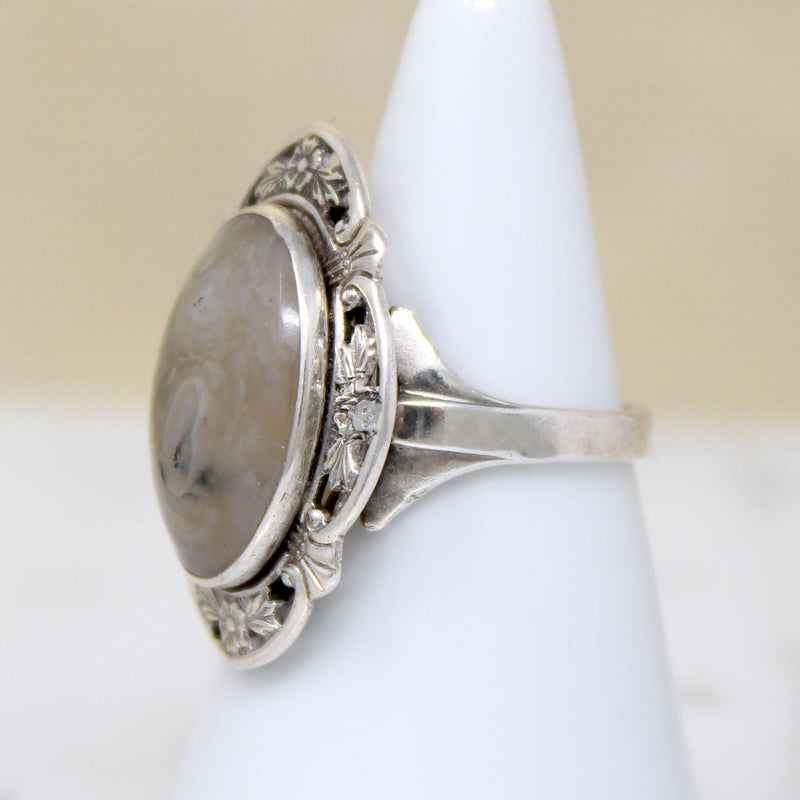 Misty Agate in Floral Sterling Silver Ring