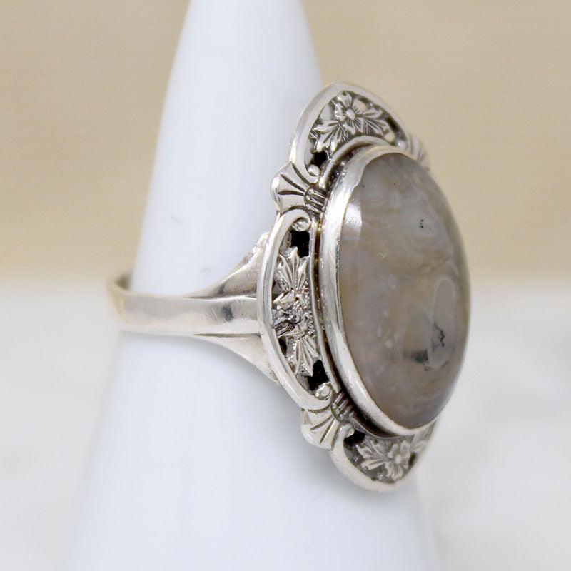 Misty Agate in Floral Sterling Silver Ring