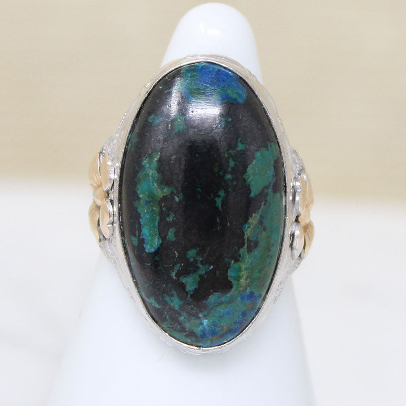 Stunning Azurite in Silver Filigree Ring with Rosy Flowers