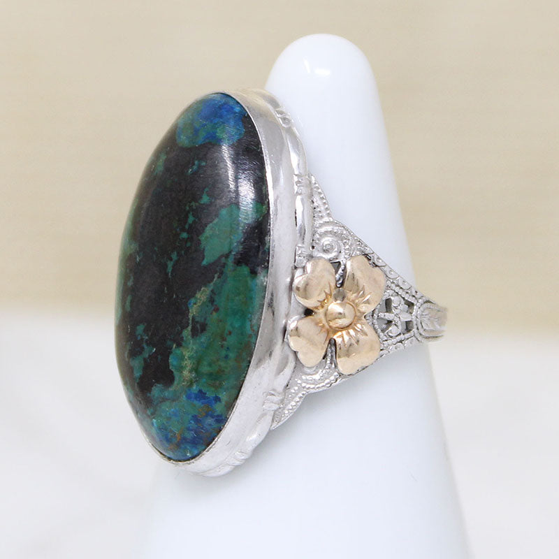 Stunning Azurite in Silver Filigree Ring with Rosy Flowers