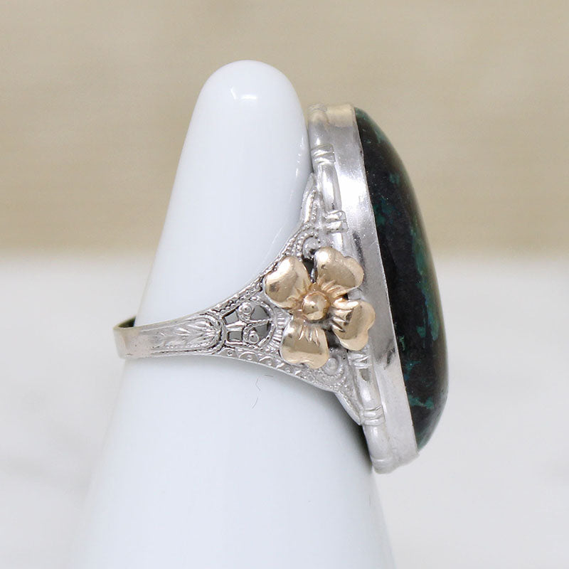 Stunning Azurite in Silver Filigree Ring with Rosy Flowers