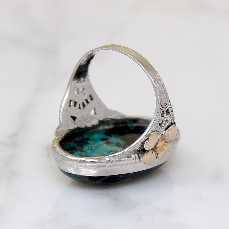 Stunning Azurite in Silver Filigree Ring with Rosy Flowers