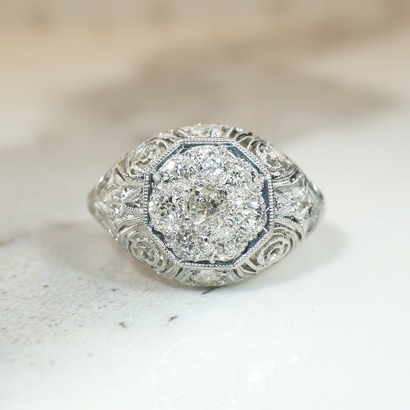 Old Mine Cut Diamond Cluster in Ornate Platinum Engagement Ring