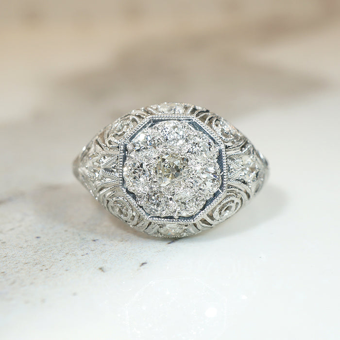 Old Mine Cut Diamond Cluster in Ornate Platinum Engagement Ring