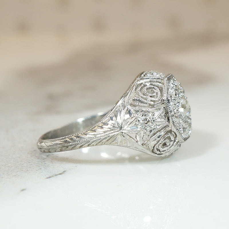 Old Mine Cut Diamond Cluster in Ornate Platinum Engagement Ring