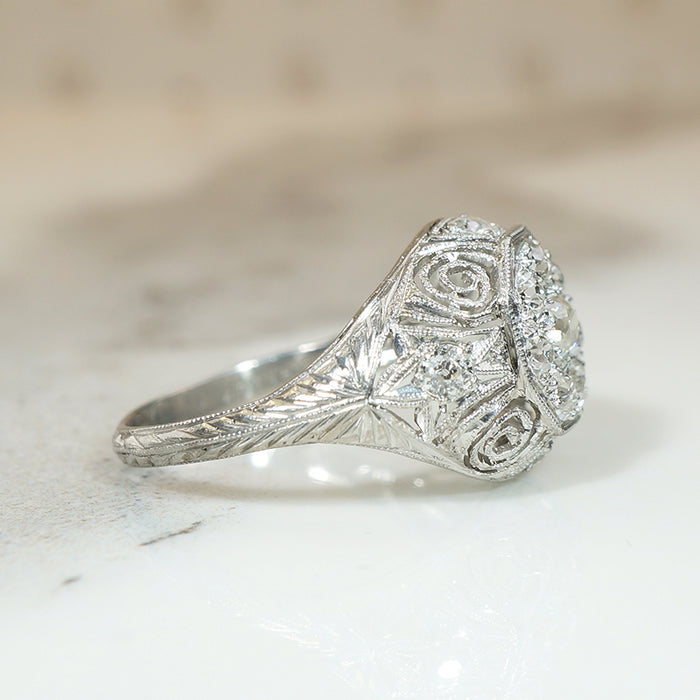 Old Mine Cut Diamond Cluster in Ornate Platinum Engagement Ring