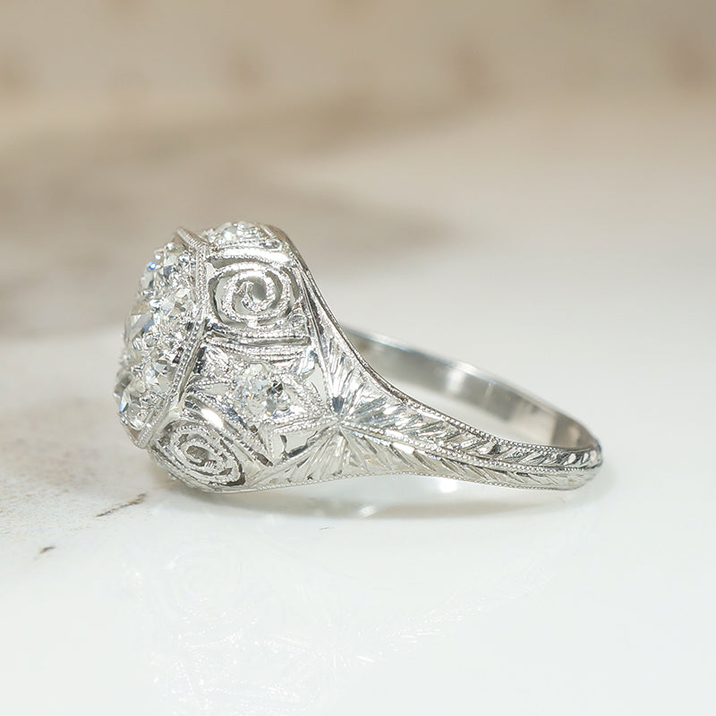 Old Mine Cut Diamond Cluster in Ornate Platinum Engagement Ring