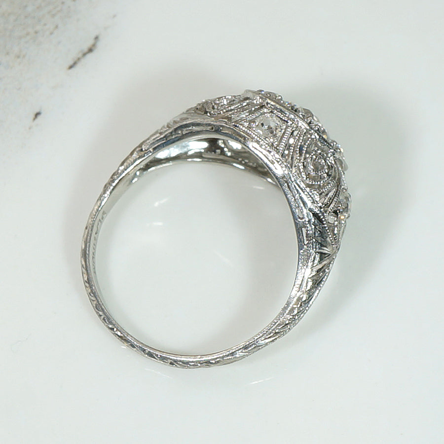 Old Mine Cut Diamond Cluster in Ornate Platinum Engagement Ring