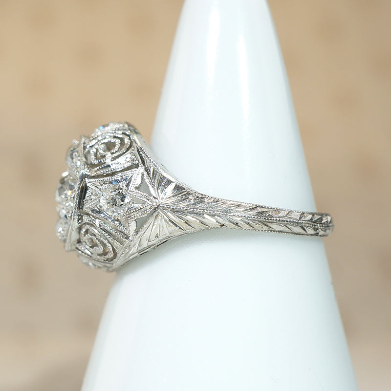 Old Mine Cut Diamond Cluster in Ornate Platinum Engagement Ring