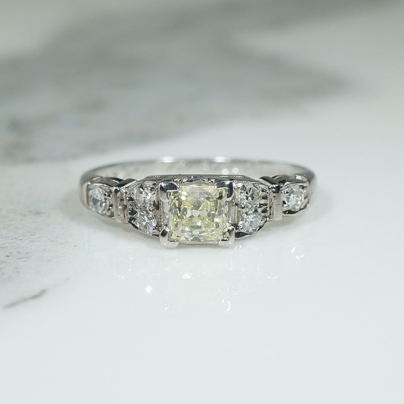 Fancy Yellow Old Mine Cushion Cut Diamond in Art Deco Engagement Ring