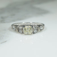 Fancy Yellow Old Mine Cushion Cut Diamond in Art Deco Engagement Ring
