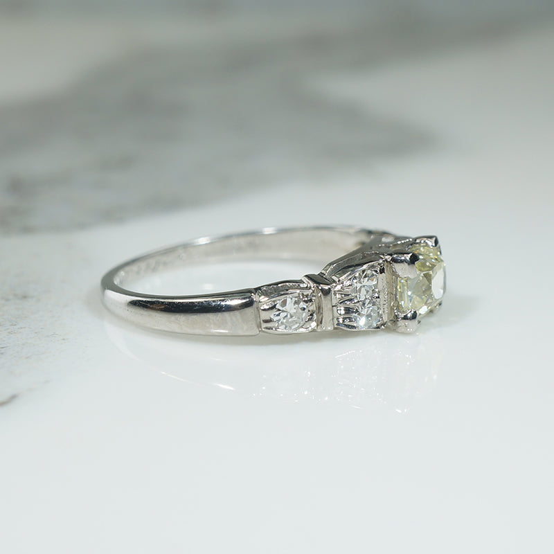 Fancy Yellow Old Mine Cushion Cut Diamond in Art Deco Engagement Ring