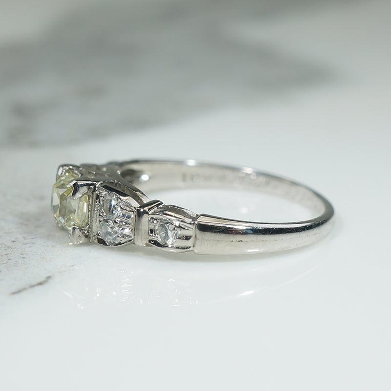 Fancy Yellow Old Mine Cushion Cut Diamond in Art Deco Engagement Ring