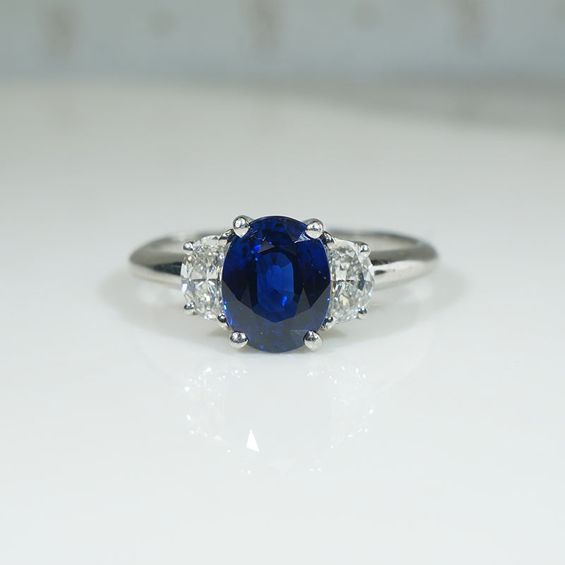 Midnight Blue Sapphire & Half Moon Diamonds Platinum Ring