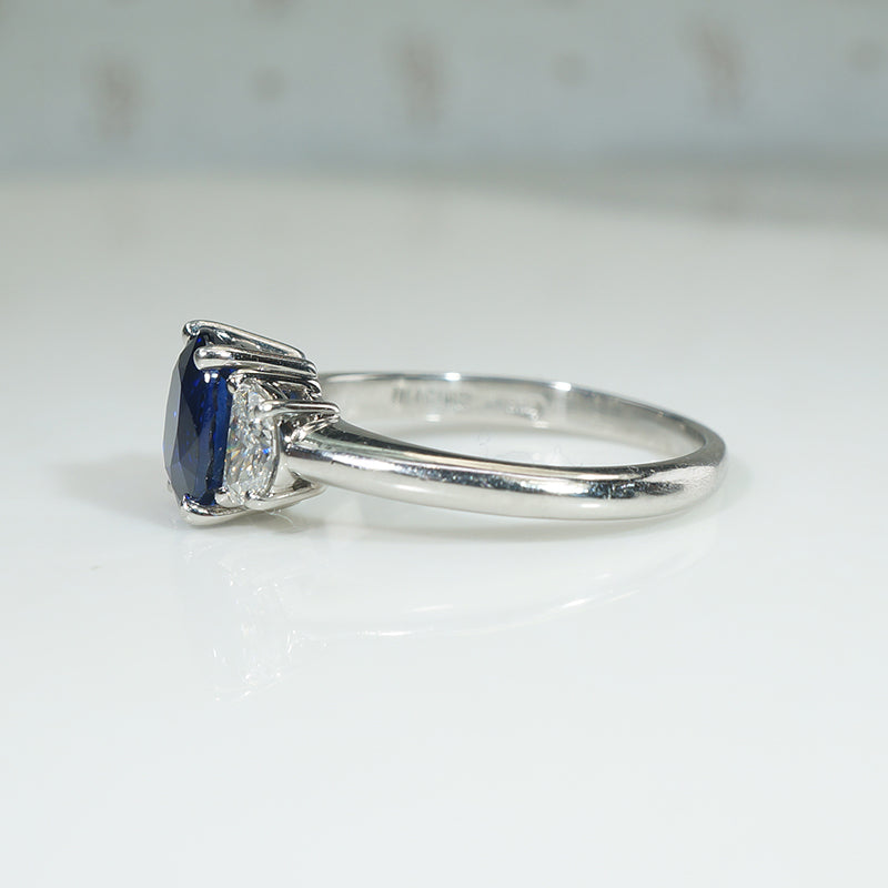 Midnight Blue Sapphire & Half Moon Diamonds Platinum Ring