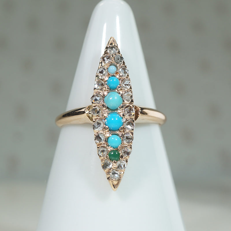 Wicked Turquoise & Rose Cut Diamond Navette Ring