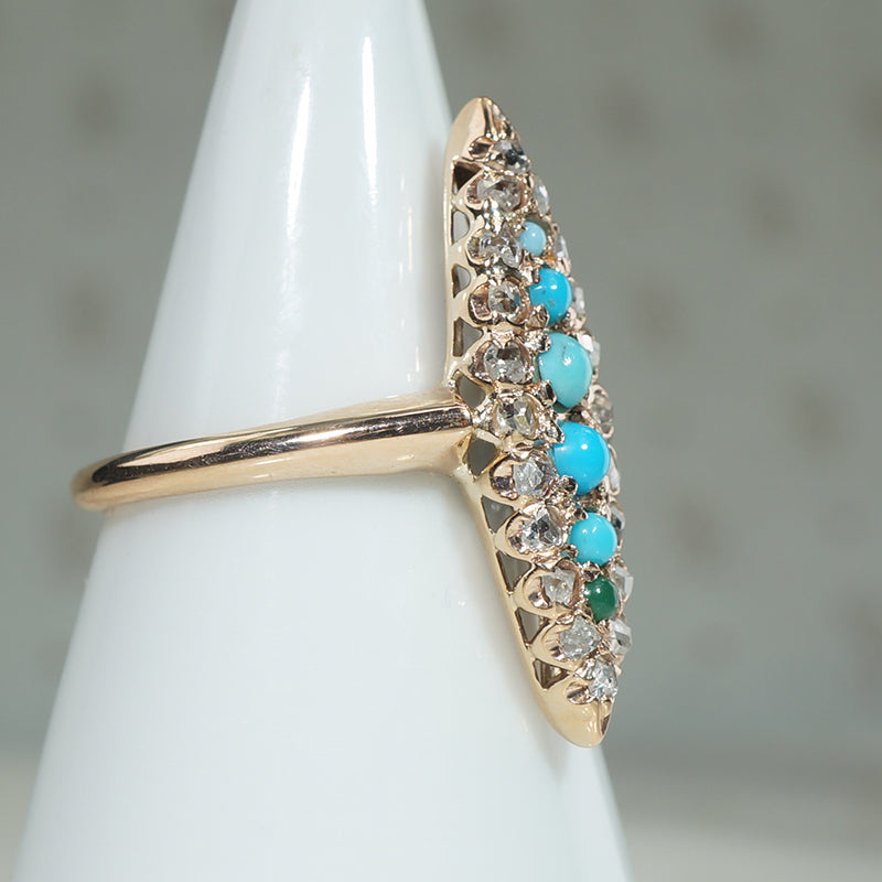 Wicked Turquoise & Rose Cut Diamond Navette Ring