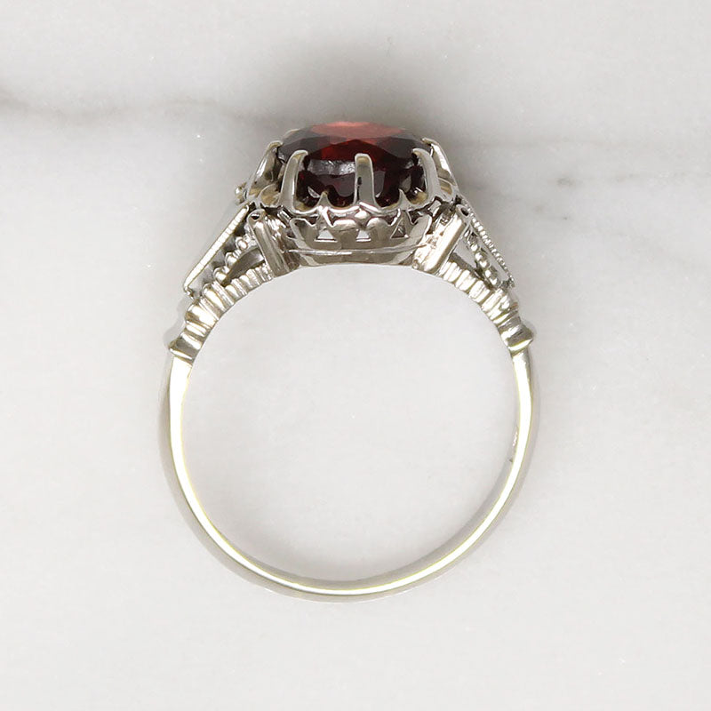 Dramatic Art Moderne Garnet & White Gold Solitaire Ring